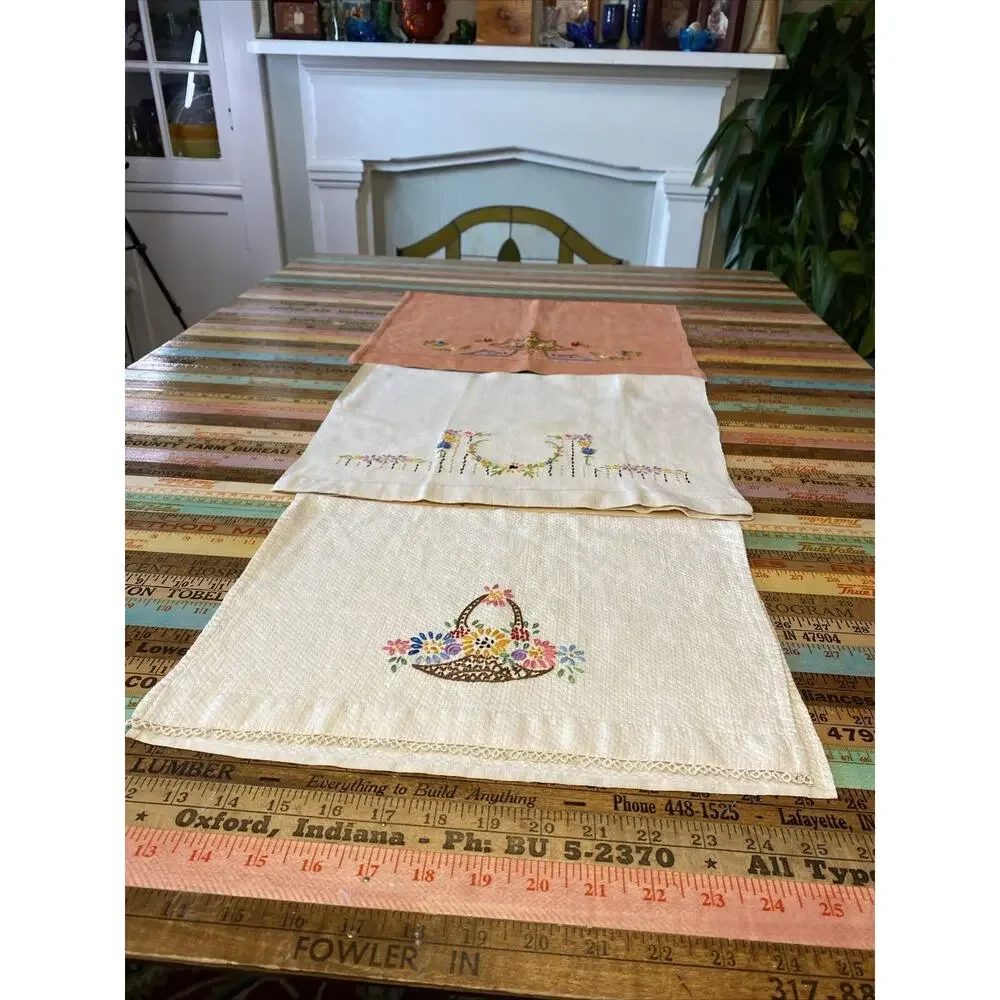 VINTAGE Hand Embroidered Tea Guest Towels Dresser Scarfs LINEN Floral Lot of 3